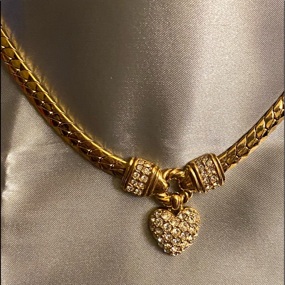 Gold Filled Heavy Heart Necklace  with Crystals